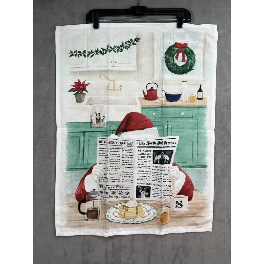 Anthropologie Breakfast With Santa Dish Towel 28” L x 21 “ W Single Towel